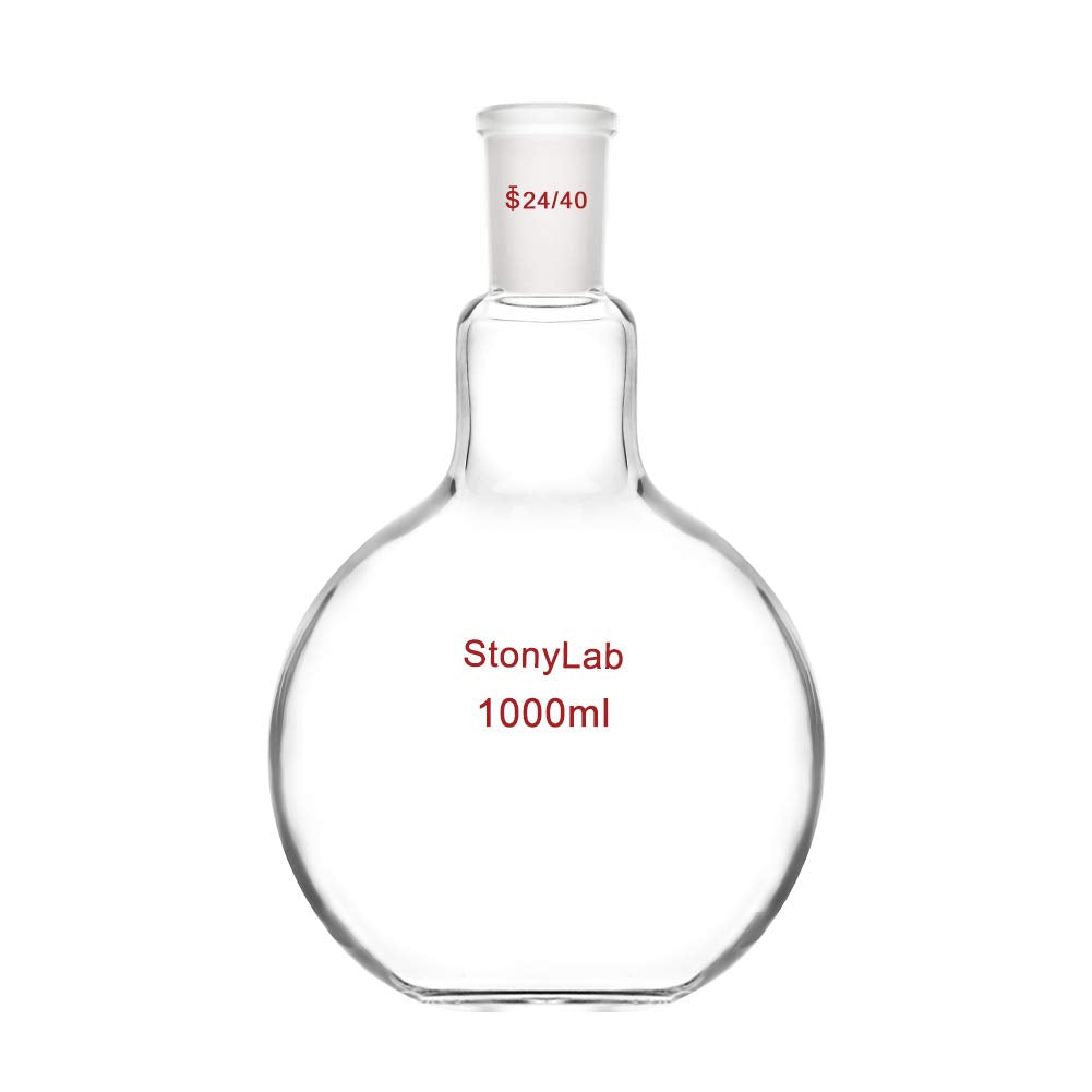 StonyLab Glass 1000ml Heavy Wall Single Neck Flat Bottom Boiling Flask, with 24/40 Standard Taper Outer Joint, 1000ml 1000 mL