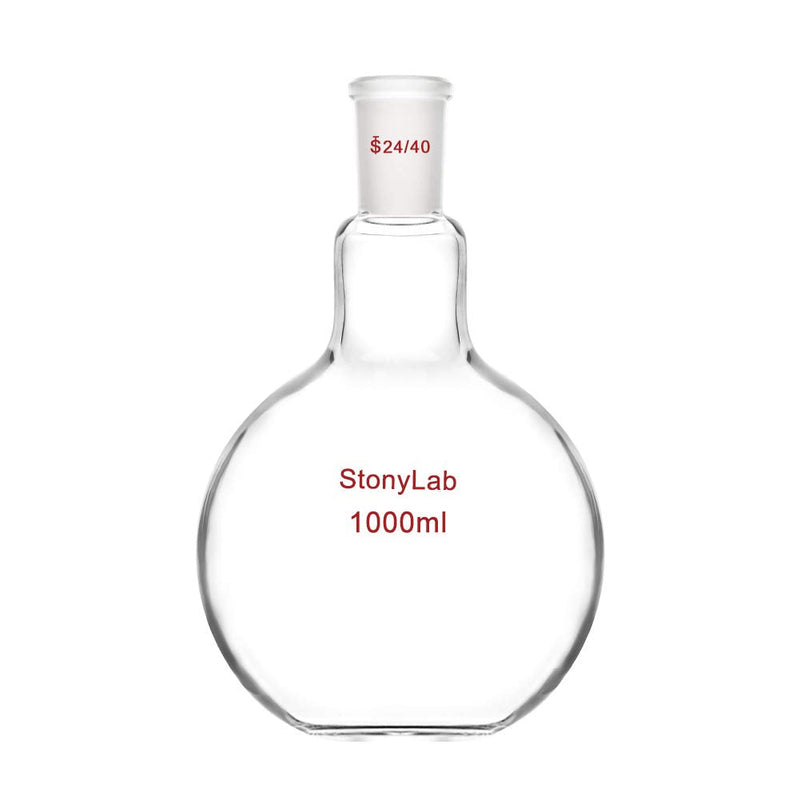 StonyLab Glass 1000ml Heavy Wall Single Neck Flat Bottom Boiling Flask, with 24/40 Standard Taper Outer Joint, 1000ml 1000 mL