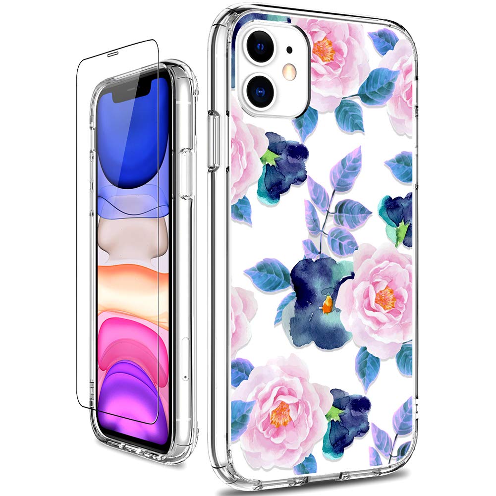 GiiKa iPhone 11 Case with Screen Protector, Clear Heavy Duty Protective Case Floral Girls Women Shockproof Hard PC Back Case with Slim TPU Bumper Cover Phone Case for iPhone 11, Pink Blue Flowers Pink Blue / Pink