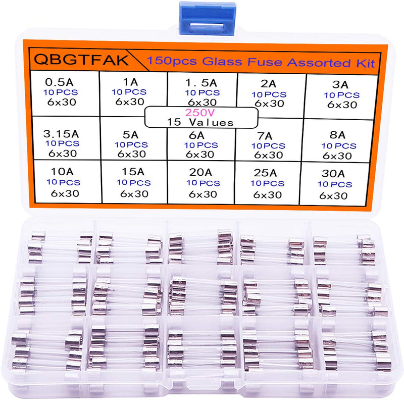 QBGTFAK 15 Values150pcs Quick Blow Glass Tube Fuse Assorted Kit 6x30mm 250V 0.5A, 1A, 1.5A, 2A, 3A, 3.15A, 5A, 6A, 7A, 8A, 10A, 15A, 20A, 25A, 30A, packag in a Clear Plastic Box
