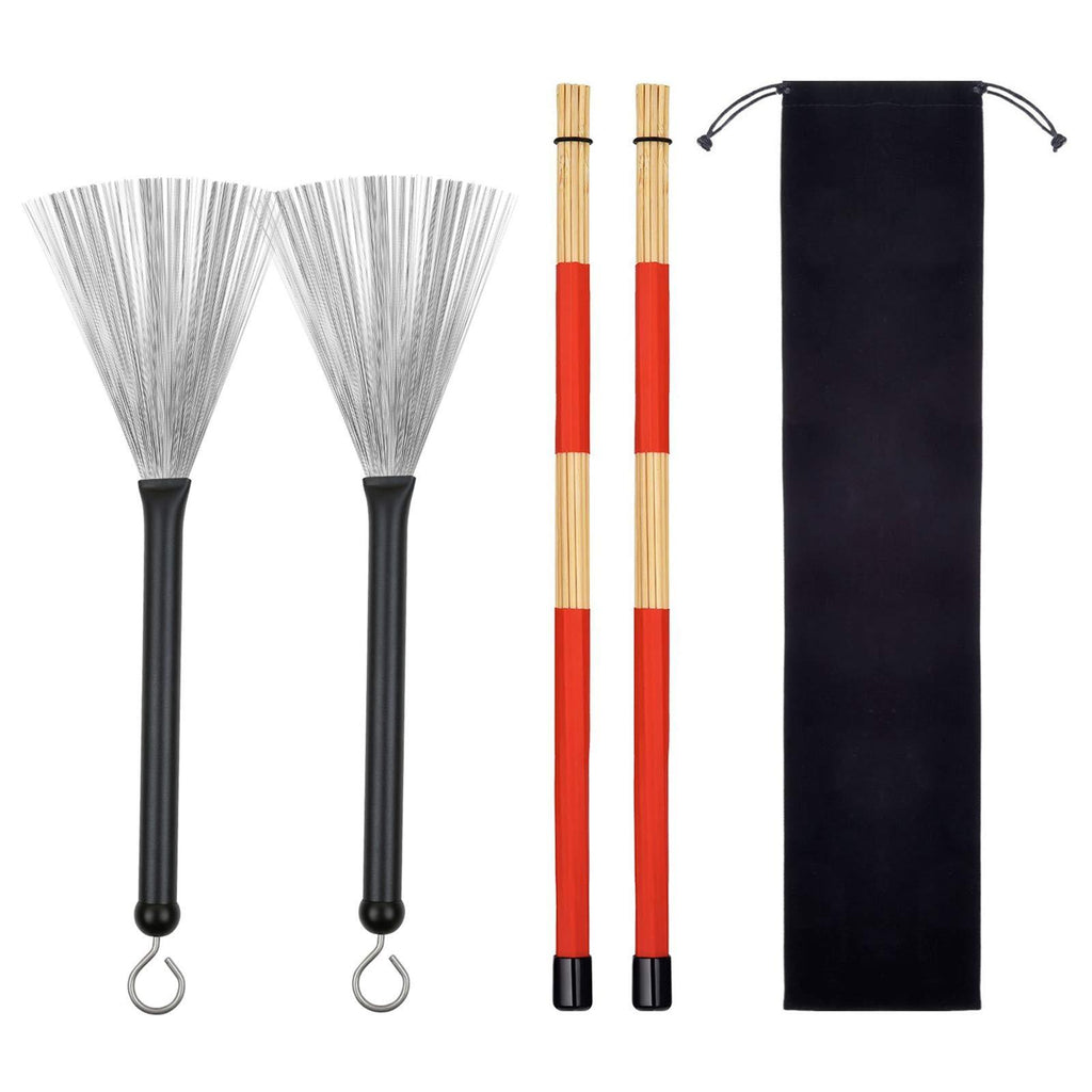 1 Pair Retractable Drum Wire Brushes with Comfortable Aluminum Handles and 1 Pair Rods Drum Sticks with Storage Bag for Jazz Folk Rock Band Music Lovers Drummers Beginners Students Adults (Black) Black