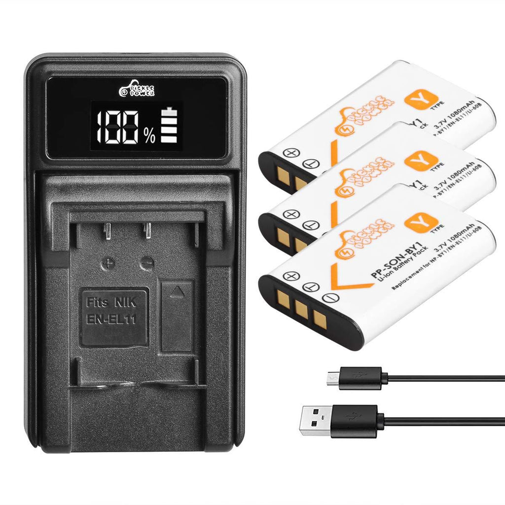 Pickle Power NP-BY1 Battery(3 Pack) and Charger Compatible with Sony NP BY1 EN-EL11 Li-60B DLi-78 DB-L70 DB-80 and Sony Action Cam Mini HDR-AZ1 Nikon Coolpix S550 S560 and Pentax Optio L50 M50 M60 S1 3 battery + charger