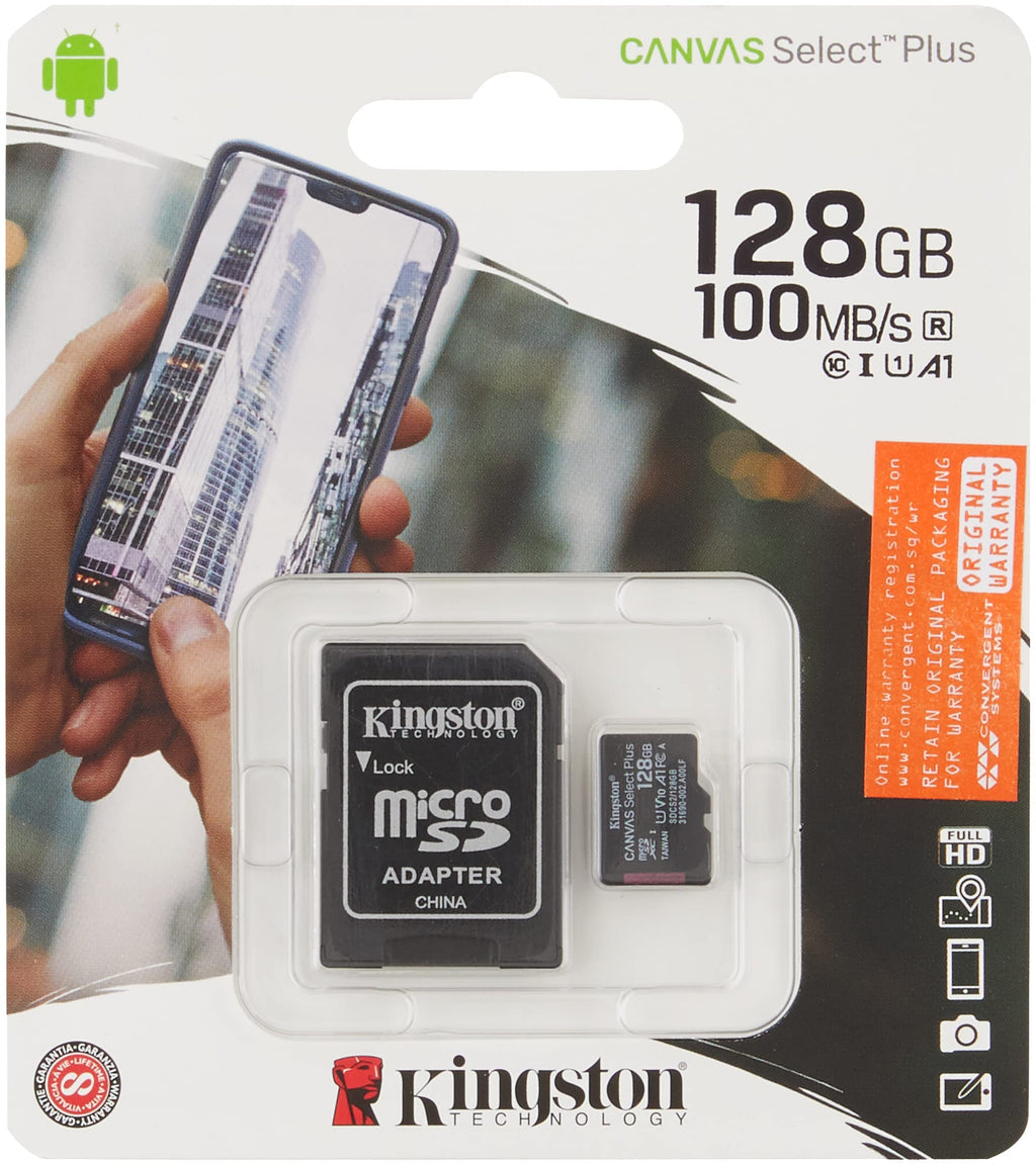 Kingston 128GB microSDXC Canvas Select Plus 100MB/s Read A1 Class 10 UHS-I Memory Card + Adapter (SDCS2/128GB) microSD Card Fast (Up to 100 MB/s) Single