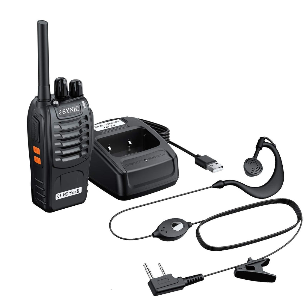 eSynic 1pcs Walkie Talkie Rechargeable, Long Range Two-Way Radio with Earpieces USB Cable Charging Walky Talky Flashlight 16CH FM Handheld Transceiver
