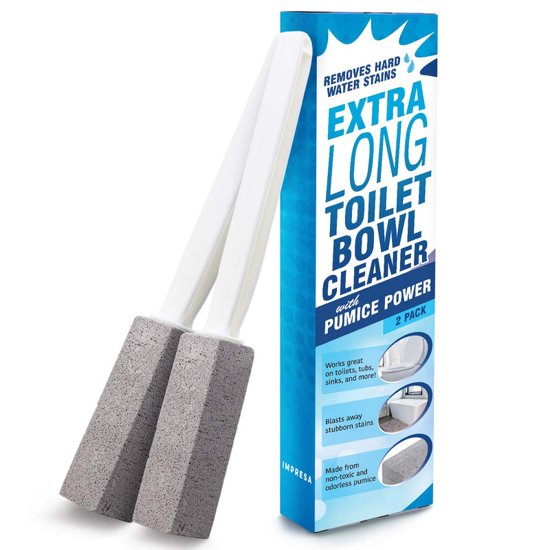 [2 Pack] Pumice Stone Toilet Bowl Cleaner with Extra Long Handle - Limescale Remover - Pumice Toilet Brush - Also Cleans BBQ Grills, Tiles, Tile Grout, & Swimming Pools by Impresa