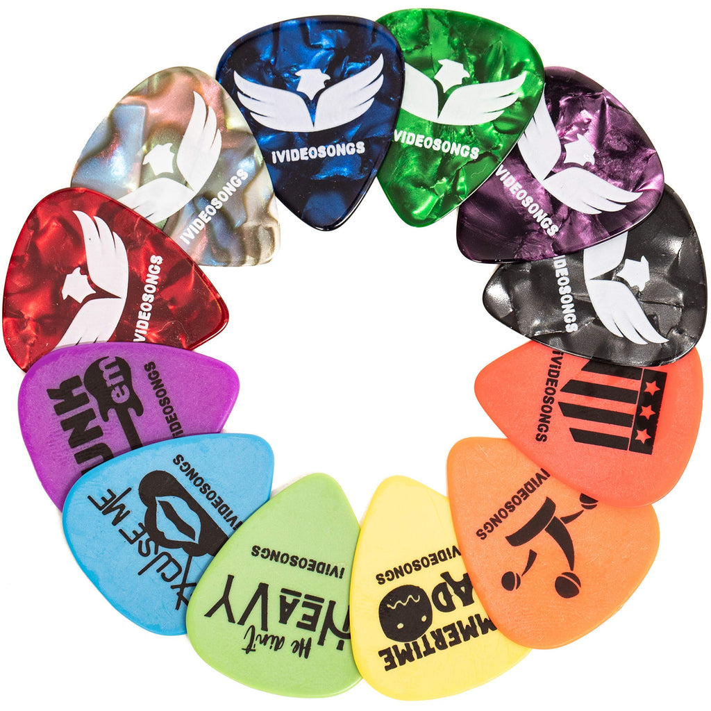 iVideosongs Guitar Picks Sampler, 12 Pack + 150 Online Guitar Lessons • Variety Pack of 12"Pickatudes" Celluloid & Delrin Guitar Picks Pickatudes (12 Pack)