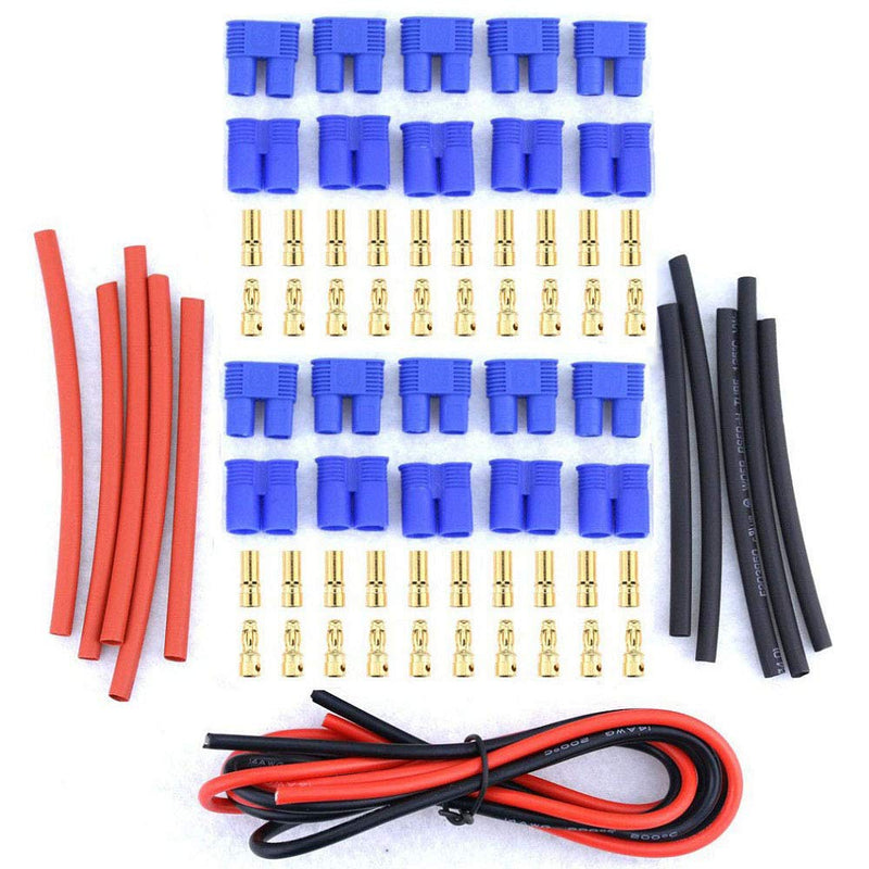 10 Pairs WST EC3 Connector 3.5mm Gold Bullet Banana Plug for RC LiPo Battery Male and Female + (Free) 14 Gauge Silicone Wire and Heat Shrink Tubing