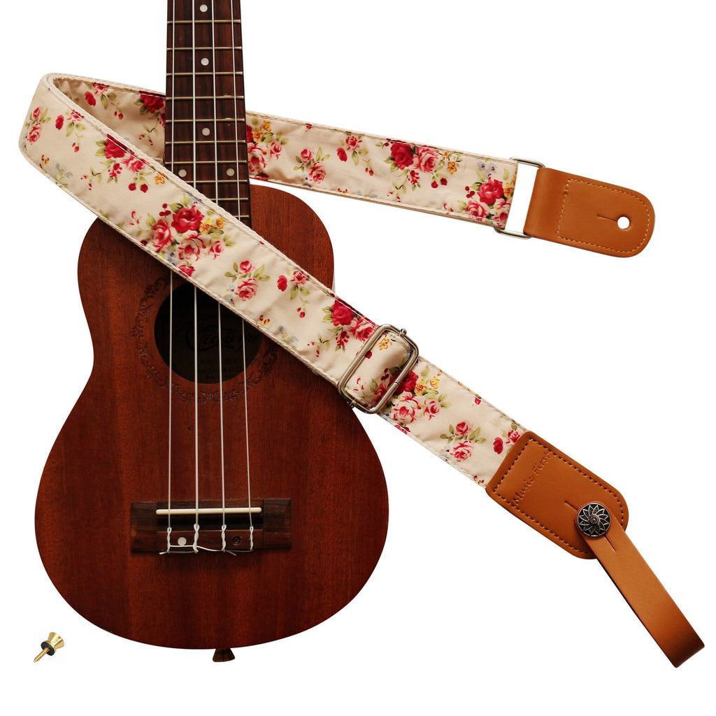 MUSIC FIRST Original Design “Rosa Multiflora in Cream” Soft Cotton & Genuine Leather Ukulele Strap Ukulele Shoulder Strap With a MUSIC FIRST Genuine Leather Strap Locker With A Leather Strap Locker