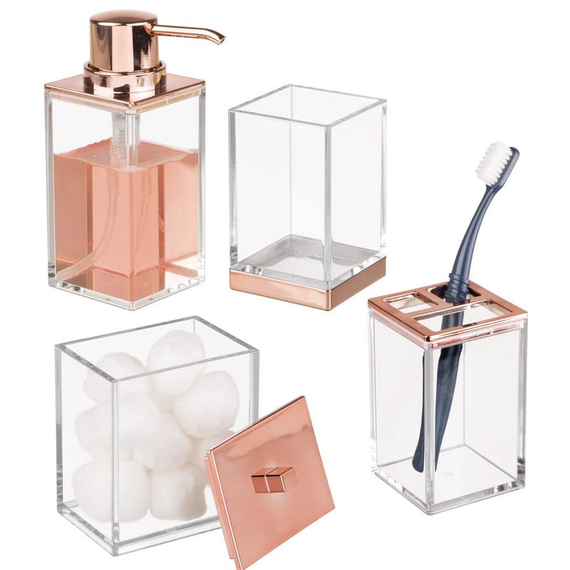 mDesign Plastic Bathroom Storage Jars, Vanity Decor Accessory, Countertop Organizers; Soap Dispenser, Toothbrush Holder, Toothpaste Caddy, Rinsing Cup; Lumiere Collection - Set of 4 - Clear/Rose Gold