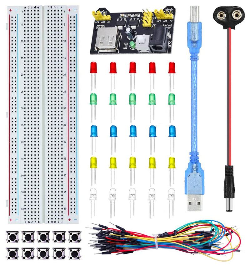 DAOKI Breadboards Starter Kit for Arduino with 830 Point Breadboard MB102, Jump Wire, Breadboard Power Supply Module, LED Diode, Momentary Tactile Switch