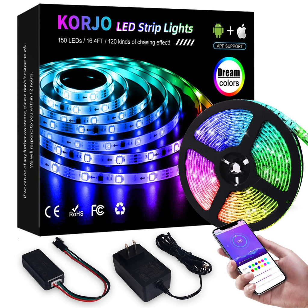 [AUSTRALIA] - KORJO Dream Color LED Strip Lights, 16.4ft/5M Bluetooth LED Chasing Light with APP, Waterproof 12V 150 LEDs 5050 RGB Color Changing Rope Light Kit, Flexible Led Strip Lighting for Home Kitchen 