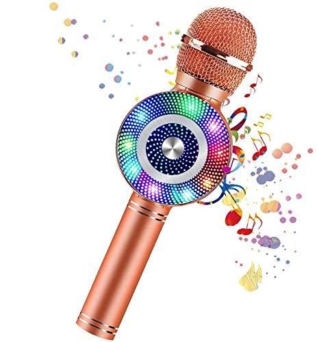 Wireless Bluetooth Karaoke Microphone,4-in-1 Multi-Function Handheld Karaoke Machine,Portable Kids Microphone Karaoke Player Speaker with LED & Music Singing Voice Recording for Home KTV Kids Outdoor Rose Gold