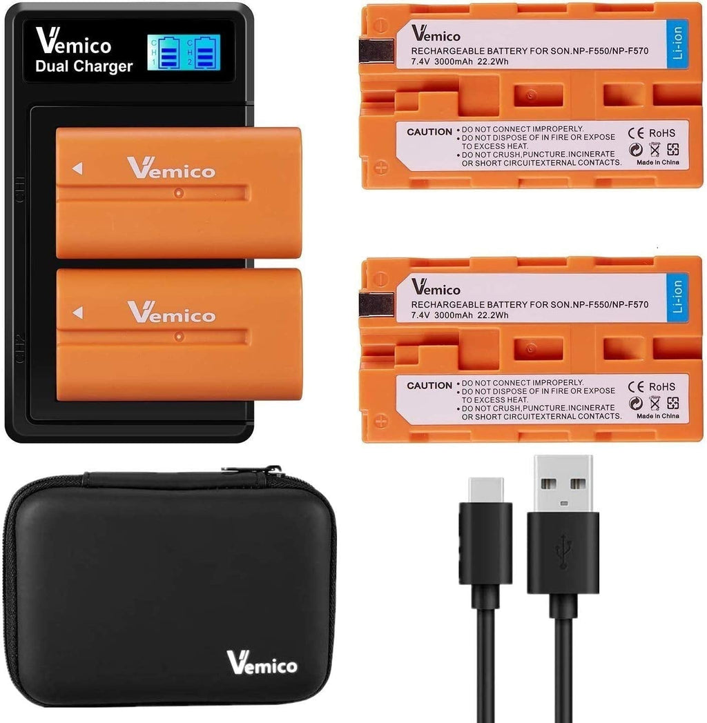 Vemico NP-F550 Battery Charger Set 2X 3000mah Replacement Batteries 2 Channel Type-C LCD Charger for Sony NP F970/F960/F750/F570/F530/F330/TR516/TR716/TR910/TR917/TR940