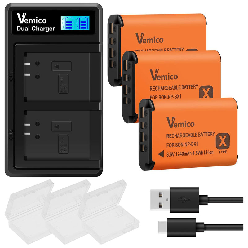 Vemico NP-BX1 Battery Charger Set 3X1240mah Replacement Batteries 2 Channel LCD Charger for Sony Cyber-Shot DSC-RX100/RX100 II/RX100 III/RX100 V/RX100IV/FDR-X3000/HDR-AS50/AS300 and More