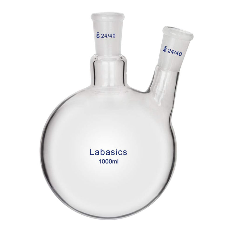 Labasics Glass 1000ml 2 Neck Round Bottom Flask RBF, with 24/40 Center and Side Standard Taper Outer Joint, 1000ml 1000 ml