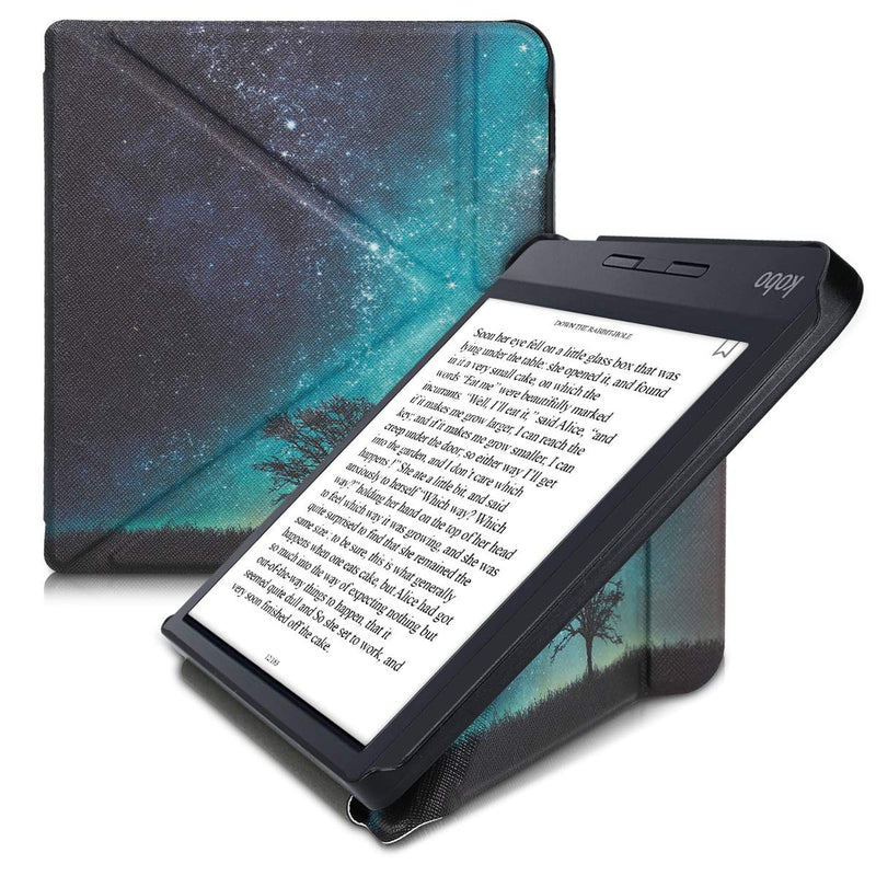 kwmobile Origami Case Compatible with Kobo Libra H2O - Case Slim Premium PU Leather Cover with Stand - Cosmic Nature Blue/Grey/Black Cosmic Nature 04-22-01