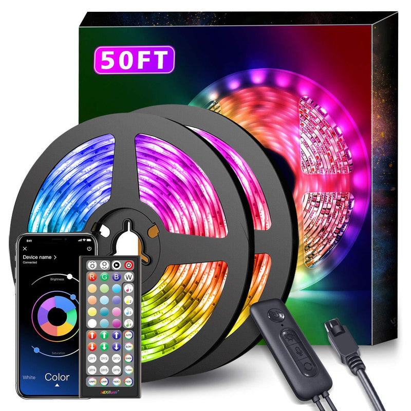 50Ft LED Strip Lights Music Sync Color Changing RGB LED Strip 44-Key Remote, Sensitive Built-in Mic, App Controlled LED Lights Rope Lights, 5050 RGB LED Light Strip(APP+Remote+Mic+3 Button Switch)