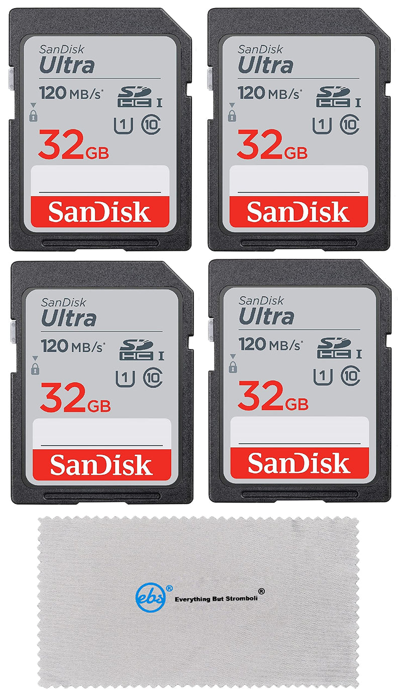 SanDisk 32GB Ultra SD Memory Card (4 Pack) SDHC UHS-I Card 120 MB/s Class 10 (SDSDUN4-032G-GN6IN) Bundle with (1) Everything But Stromboli Micro Fiber Cloth