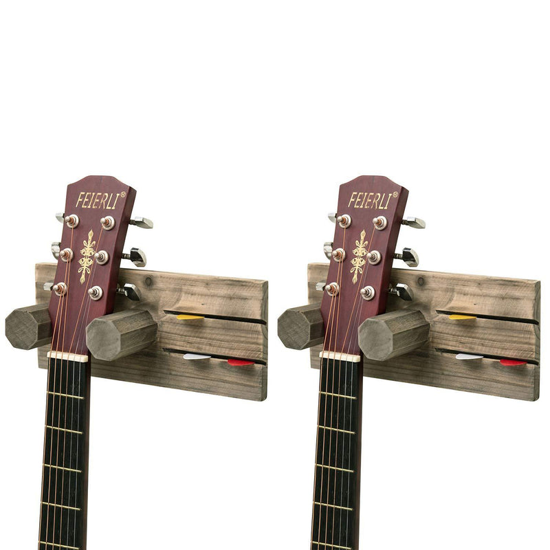 MyGift Vintage Gray Wood Wall Mounted Acoustic Guitar Hanging Rack with Pick Holder, Set of 2