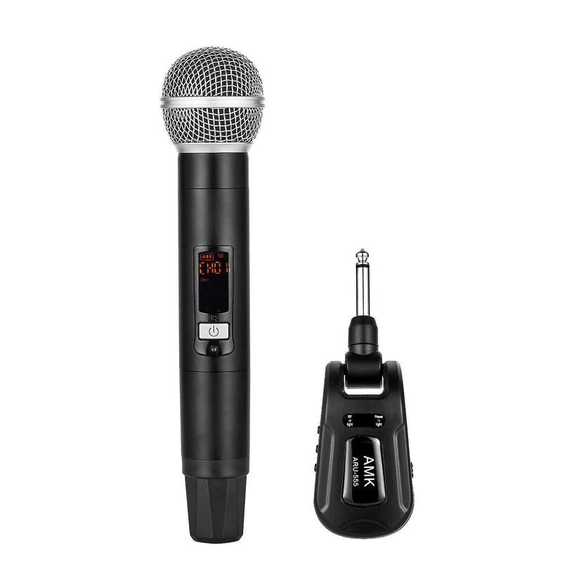 [AUSTRALIA] - Rechargeable Mini Wireless Microphone System, AMK UHF Cordless Mic with 20 Selectable Frequencies, 95ft, Handheld Dynamic Mic Microfono for Karaoke Meeting Church (ARU-555A) 