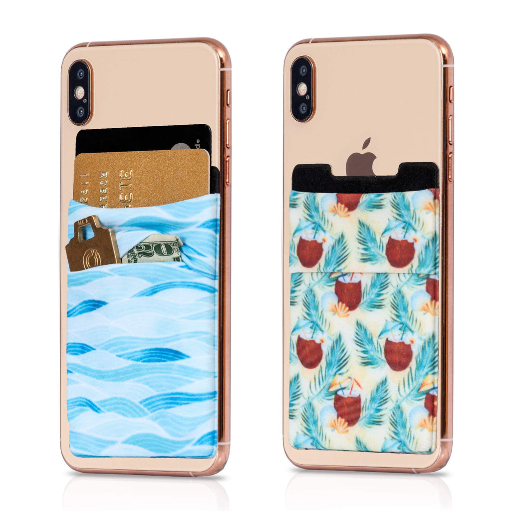 (Two) Stretchy Cell Phone Stick on Wallet Card Holder Phone Pocket for iPhone, Android and All Smartphones (Coconut & Waves) Coconut & Waves