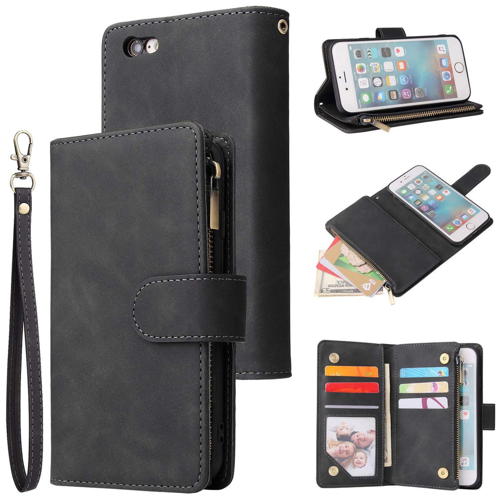 UEEBAI Wallet Case for iPhone 6 6S, Premium Vintage PU Leather Magnetic Closure Handbag Zipper Pocket Case Kickstand Card Holder Slots with Wrist Strap TPU Shockproof Flip Cover - Black