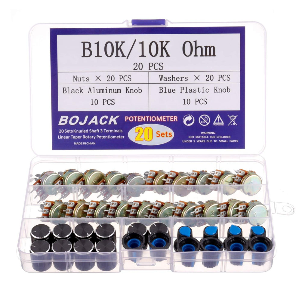 BOJACK 20 Sets B10K Knurled Shaft 3 Terminals Linear Taper Rotary Potentiometer(WH148)10K Ohm Single Turn Carbon Film Variable Resistor with Black Aluminum & Blue Plastic Knobs Kit