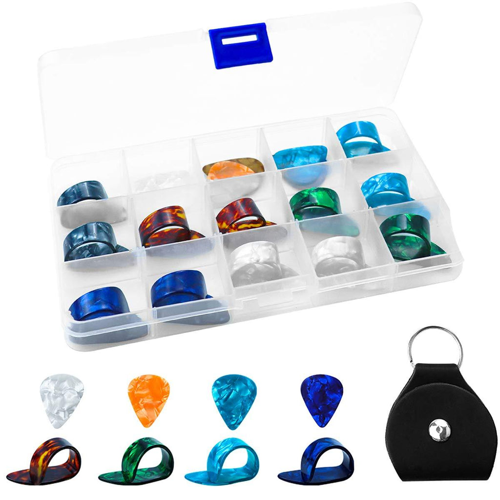 MotBach Guitar Accessories with 12 Pcs Plastic Thumb Finger Picks (6 Colors),6 Pcs Guitar Picks(0.46/0.71/0.96mm),15 Grid Case Storage Box and 1 Guitar Pick Clip,Provide Wide Options and Protection