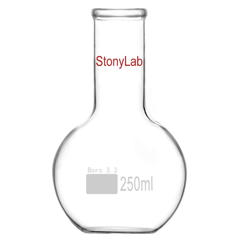 StonyLab Glass 250ml Long Neck Flat Bottom Flask, Borosilicate Glass Heavy Wall Flat Bottom Boiling Flask with Long Neck, 250ml 250 ml