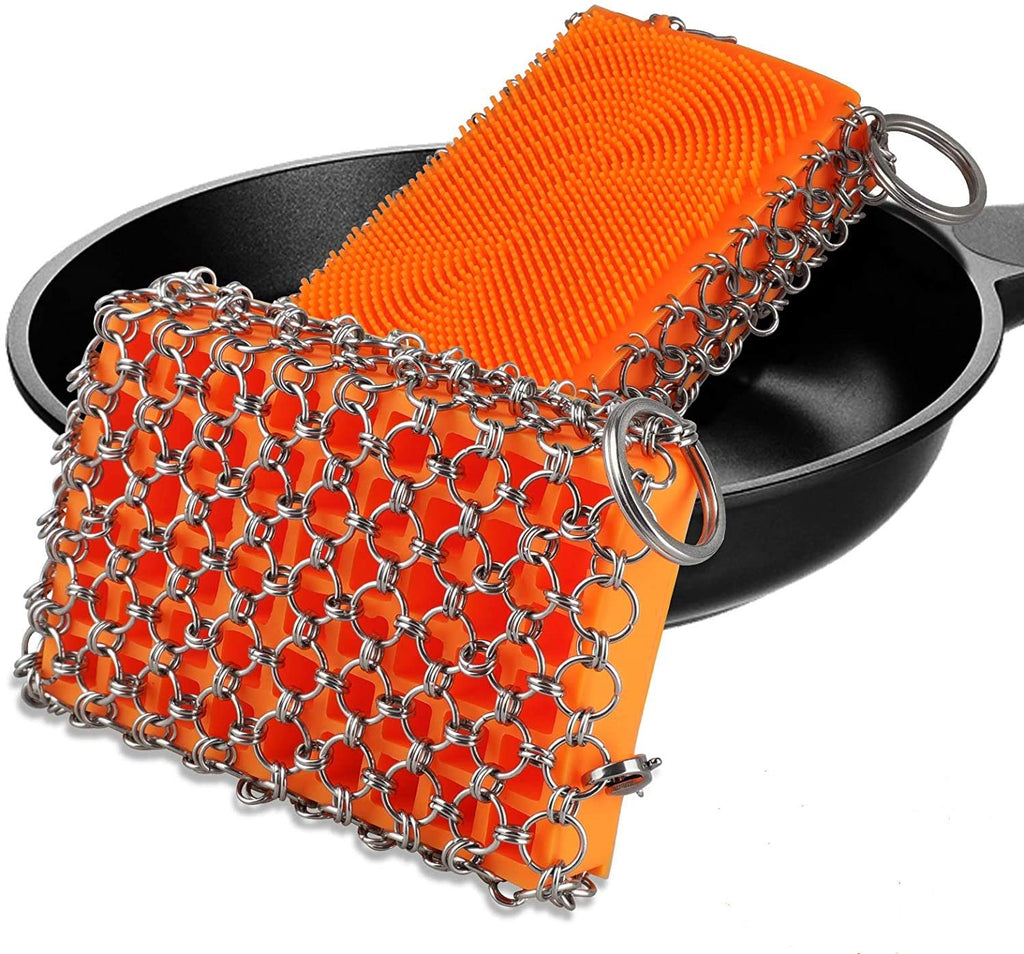 EEEKit Cast Iron Cleaner, Chainmail Scrubber, Silicone & Stainless Steel Durable Anti-Rust Skillet Cleaner with Hanging Ring for Kitchen Grill Cookware, Dishwasher Safe for Cast Iron Skillet Wok Pan