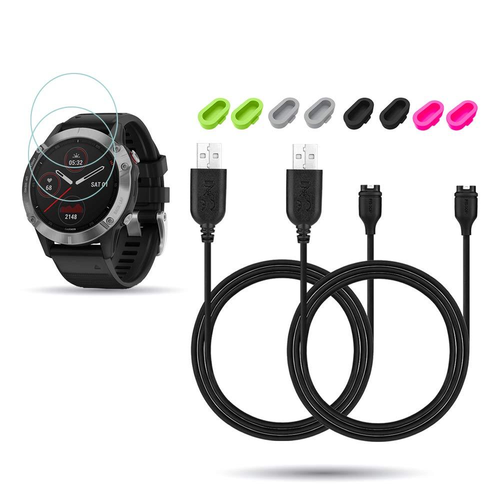 2Pack for Garmin Fenix 6/6 Pro/ 6 Sapphire/6 Solar Charging Sync Data Cable and 2Pcs Free HD Tempered Glass Screen Protector and 8pcs Color Charger Port Protector for Smart Watch