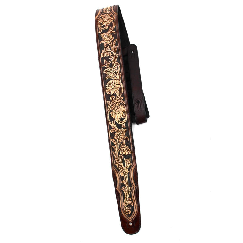 Walnut Brown Carving Leather Padded Guitar Strap With Hand Carved Traditional Western Tooling Walker & Williams KH-02-BRN