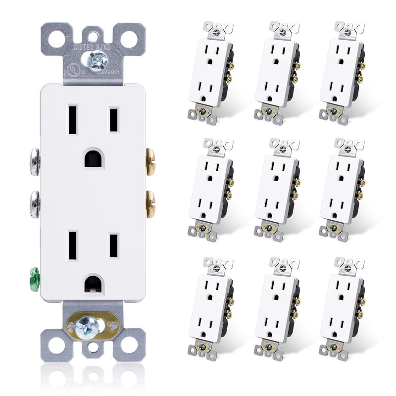 ELEGRP Decorator Receptacle, 15A 125V Standard Electrical Wall Outlet, 2 Pole 3 Wire, Non- Tamper Resistant, NEMA 5-15R, Self-Grounding Residential Grade Outlet, UL (Glossy White, 10 Pack) Non Tamper Resistant