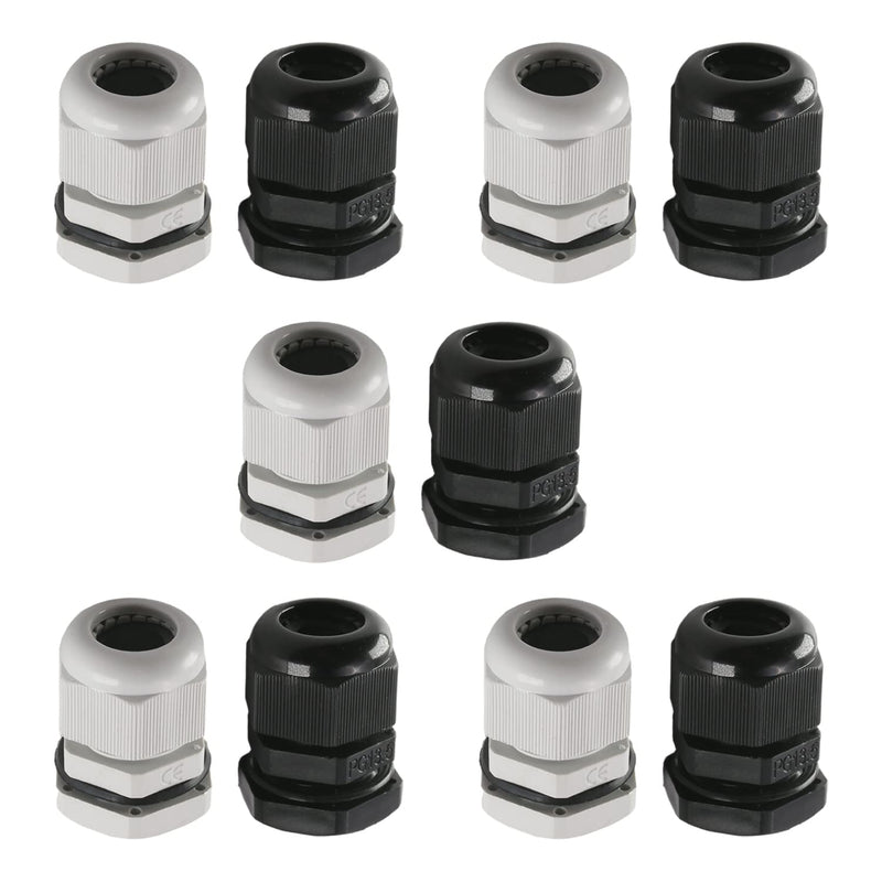 Fielect PG13.5 Cable Gland 10Pcs Plastic Waterproof Cable Glands Joints Adjustable Connector Black/White for 6-11mm Dia Cable