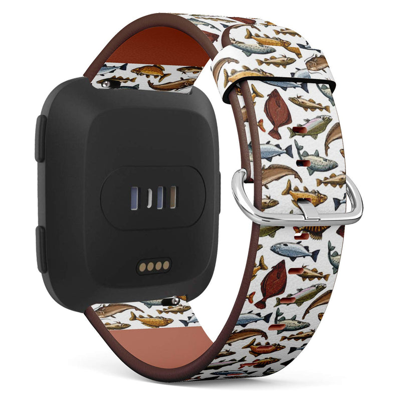 Compatible with Fitbit Versa/Versa 2 / Versa LITE - Quick Release Leather Wristband Bracelet Replacement Accessory Band - Fish Sea Ocean