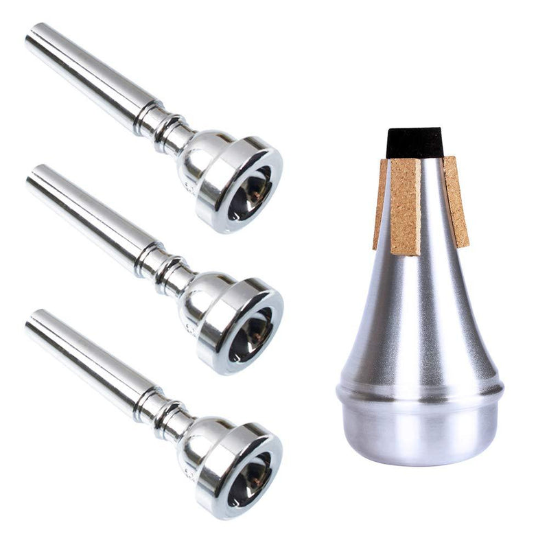 MUTOCAR 3 Pcs Trumpet Mouthpiece (3C 5C 7C) with Lightweight Aluminum Practice Trumpet Mute Silencer Fit for Yamaha Bach Conn King Replacement Musical Instruments Accessories, Silver