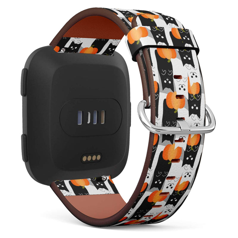 Compatible with Fitbit Versa/Versa 2 / Versa LITE - Quick Release Leather Wristband Bracelet Replacement Accessory Band - Cute Halloween Cat Ghost