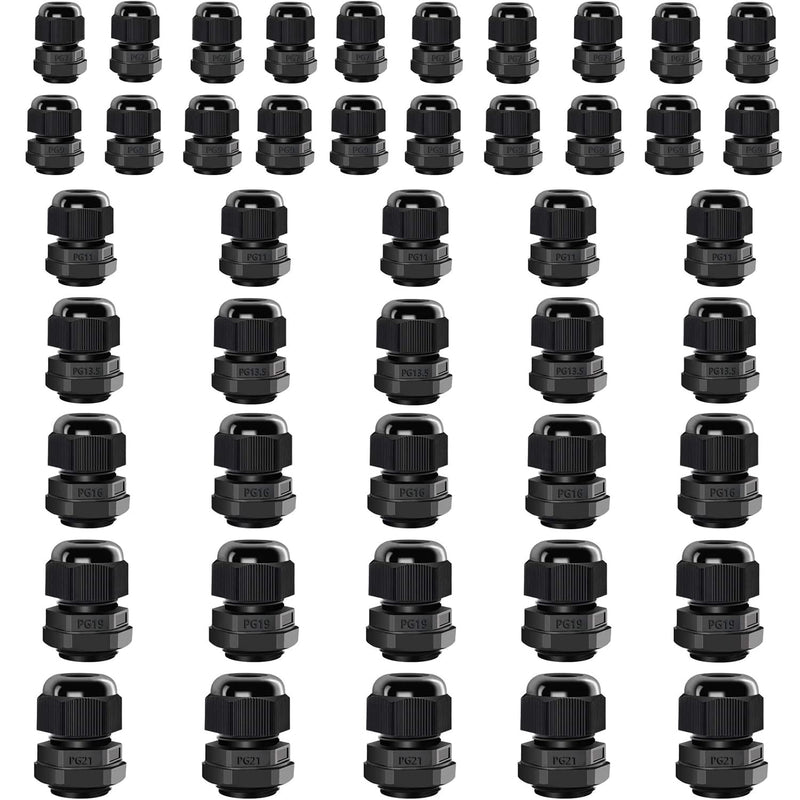 Fielect 60Pcs Cable Gland PG7 PG9 PG11 PG13.5 PG16 PG19 PG21 Waterproof Adjustable Cable Gland Connector 3mm-18mm, Black Cable Gland Kits