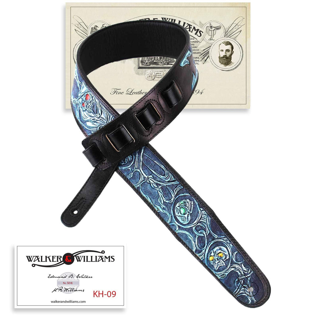 Walker & Williams KH-09-BLU Electric Blue Barbed Skulls In Carved Leather With Padded Back