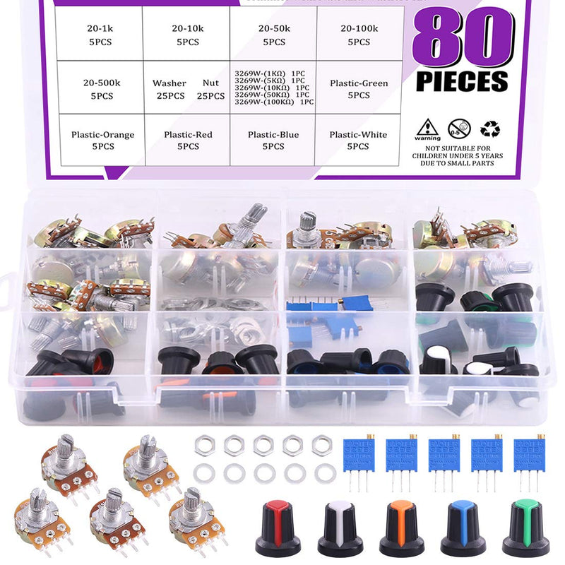 Swpeet 80Pcs 1K-500K Ohm Potentiometer Assortment Kit with 1Kohm -100Kohm Multiturn Trimmer, Knurled Shaft 3 Terminals Single Linear HighPrecision Variable Resistor with Nuts and Washers Plastic + Aluminum