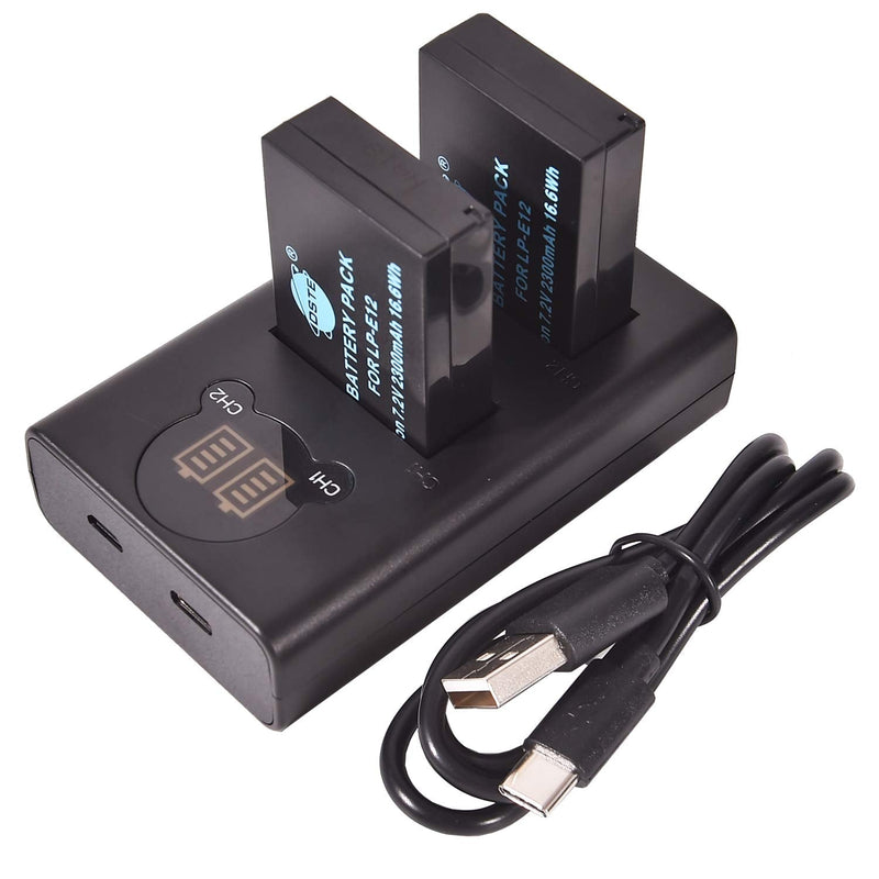 DSTE Replacement for 2X LP-E12 + Dual LCD Battery Charger Compatible Canon EOS M M2 M10 M50 100D Kiss X7 Rebel SL1 PowerShot SX70 Digital Camera with Type-C and Micro-USB Port