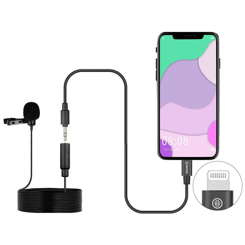 Lavalier Lightning Microphone, BOYA BY-M2 Universal Lapel Mic with Lightning Plug Adapter Compatible with iPhone 11 10 X 8 7 MAC iPad YouTube Video Facebook Live (20ft)