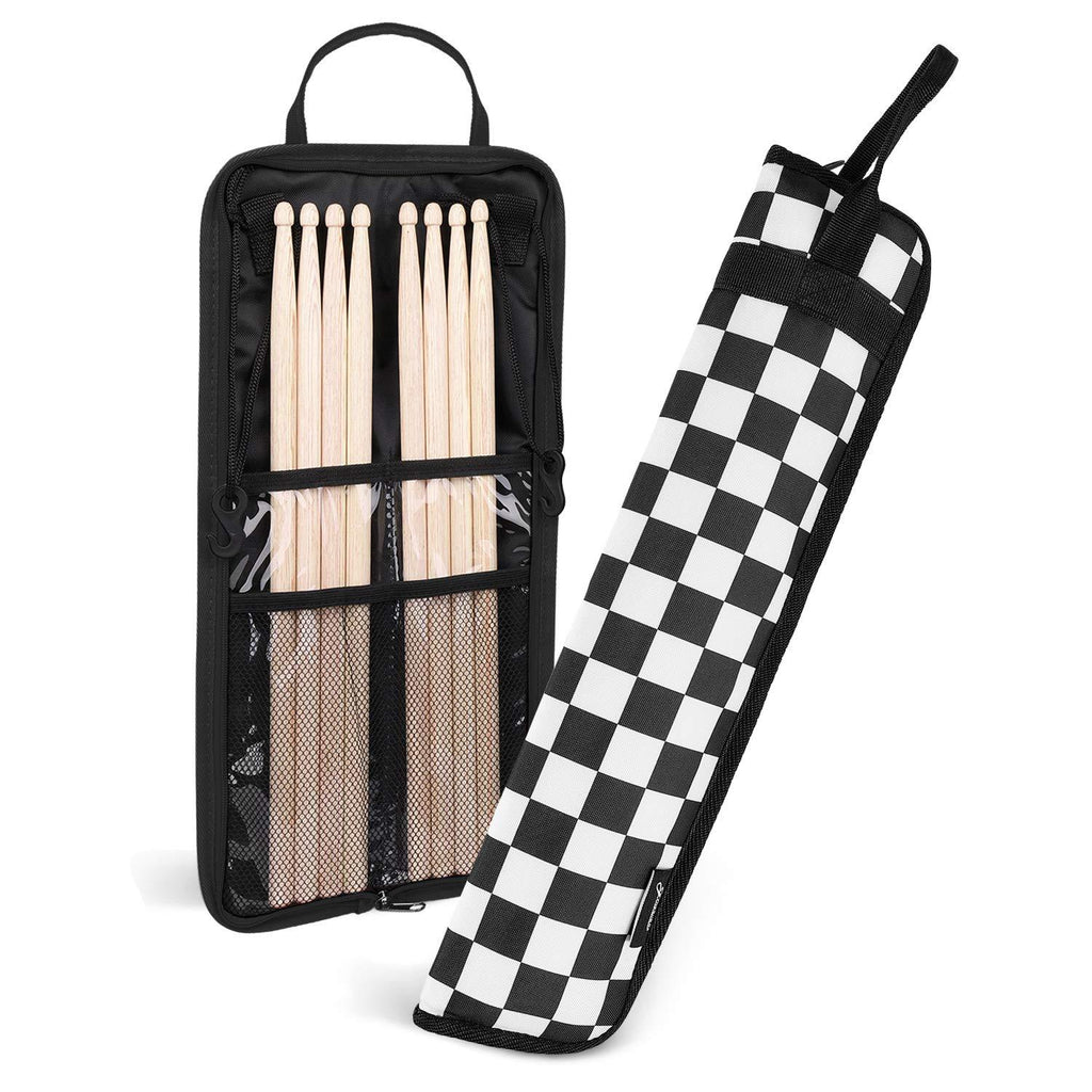 Flexzion Drumsticks Gig Bag, Percussion Music Accessory Case w/a Hook, Adjustable Shoulder Strap, Carrying Handle & Card Holder for 4 Pairs of Drumstick, Kid Drummer Water-Resistant Fabric, Checkered