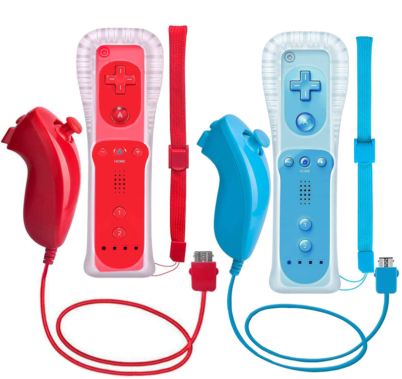 [AUSTRALIA] - ZeroStory 2 Packs Wireless Controller and Nunchuck for Wii and Wii U Console, Gamepad with Silicone Case and Wrist Strap (Red and Blue) Red and Blue 