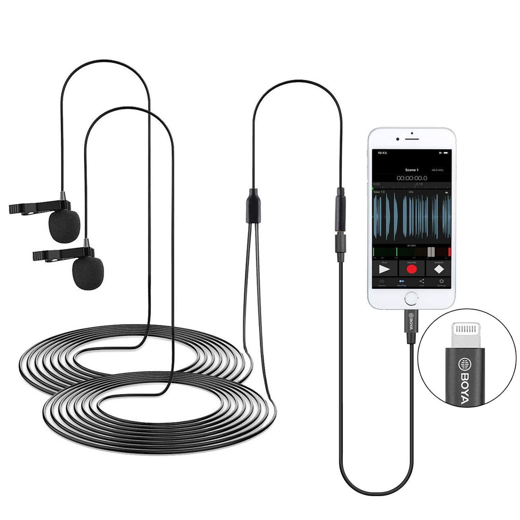 [AUSTRALIA] - Dual Lavalier Lightning Microphone for iOS iPhone 11 Vlog, 20 ft/6m BOYA BY-M2D Dual-Head Lapel Universal Mic with Lightning Plug Adapter for iPhone 11 10 X 8 7 MAC YouTube Video Facebook Live 