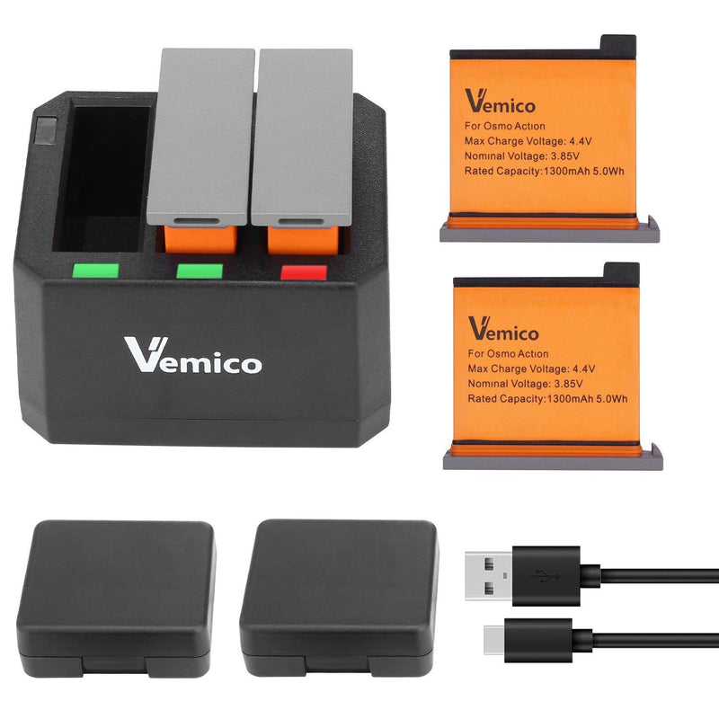 Vemico OSMO Action Battery Charger Kit for DJI OSMO Action Camera 2X1300mAh Replacement Batteries and 3-Channel LED Type C USB Charger Rechargeable Battery for DJI OSMO Action Camera