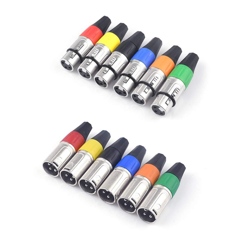 XLR Connectors, Devinal Colored 3 PIN XLR Ends, Male/Female Audio Mic Microphone DMX Plug Jack Socket, Nicked-Plated, Silver Contacts, Solder Type, 6-Pair
