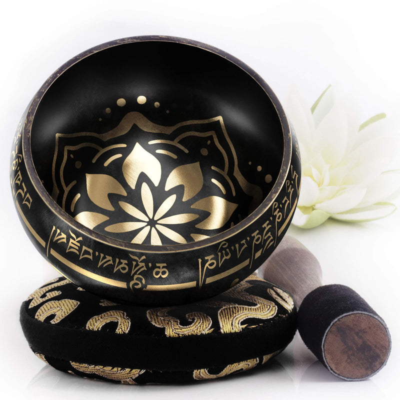 Silent Mind ~ Tibetan Singing Bowl Set ~ Bliss and Grace Design ~ With Dual Surface Mallet and Silk Cushion ~ Promotes Peace, Chakra Healing, and Mindfulness ~ Exquisite Gift