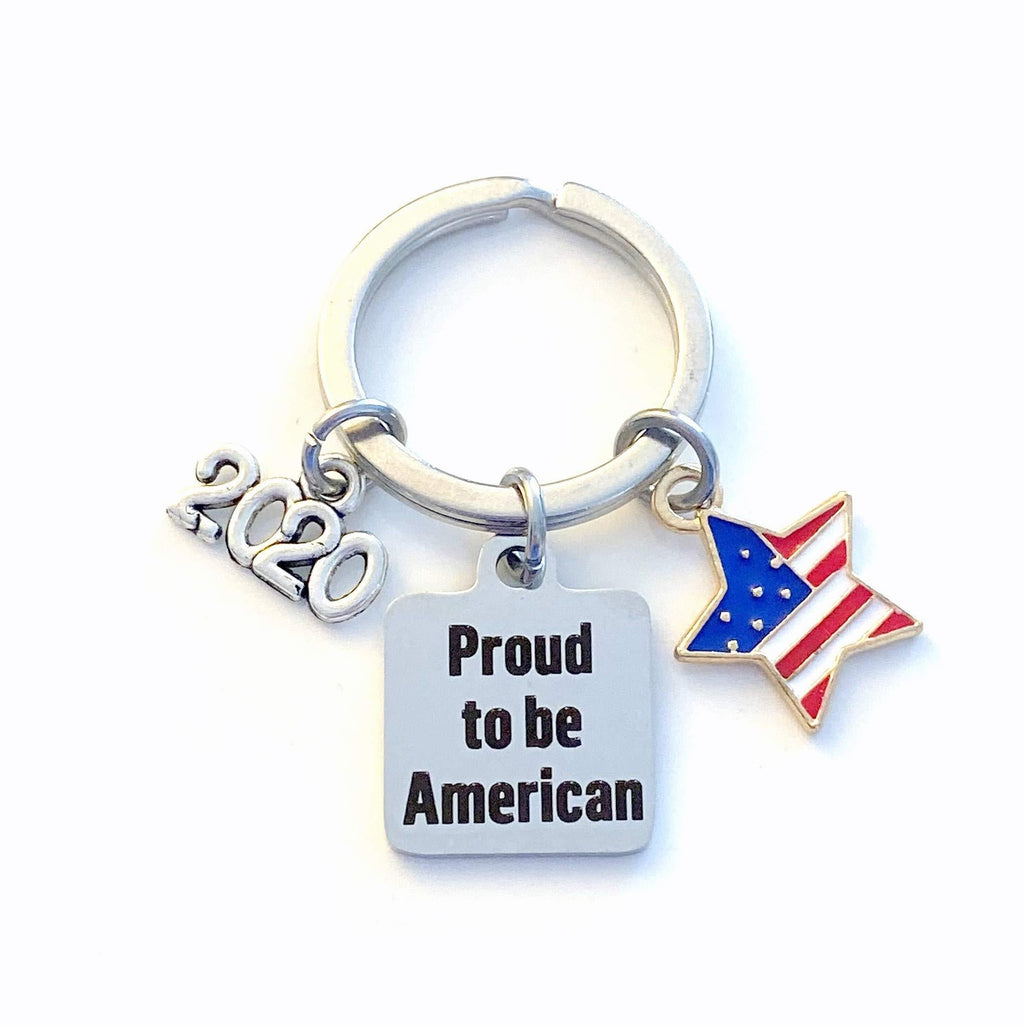 CLEARANCE SALE - 2020 Red, Blue, and White Star Keychain, Proud to be American Keychain, USA Flag Key Chain - Veteran, New American Citizen Gift, New Citizenship Present for Immigrant Keyring