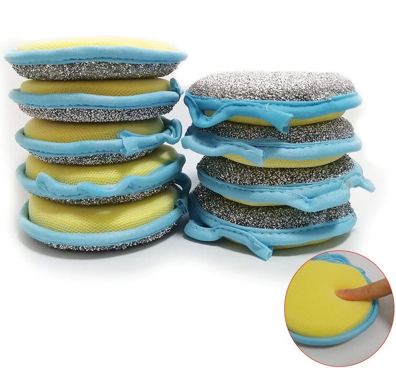 CAMSTIC Dual Action Kitchen Cleaning Microfiber Scouring Scrubber, Round Dish Washing Sponge, Pack of 10, Blue